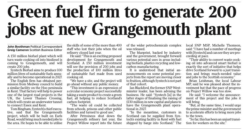 Good news for Grangemouth and Scotland that <a href="/syntechbiofuel/">syntechbiofuel</a> are planning a £50 million investment in a biofuels facility that will create 200 jobs as reported in <a href="/thetimes/">The Times and The Sunday Times</a> An important initiative to create jobs and be an important contributor to reducing our carbon footprint