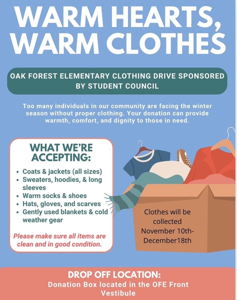 HumbleISD_OFE's tweet image. Oak Forest Student Council is sponsoring a winter weather clothing drive from now until December 18, 2025. Please drop off your gently used items in the donation box in the front vestibule. Thank you Falcon Family for your support!