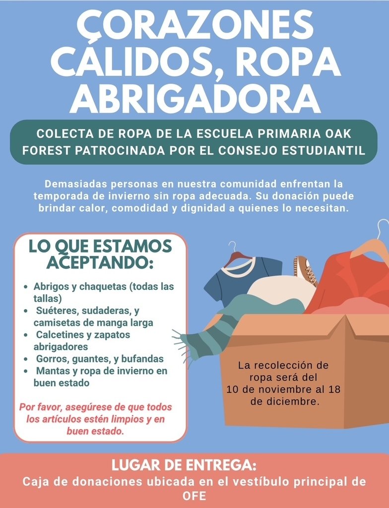 HumbleISD_OFE's tweet image. Oak Forest Student Council is sponsoring a winter weather clothing drive from now until December 18, 2025. Please drop off your gently used items in the donation box in the front vestibule. Thank you Falcon Family for your support!