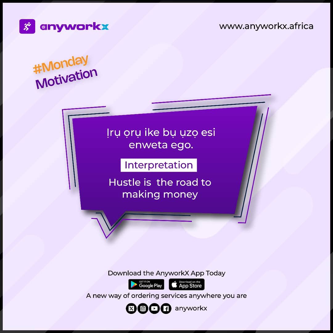 Anyworkx__'s tweet image. They say, “Ịrụ ọrụ ike bụ ụzọ esi enweta ego.” 💼
Translation? Hustle is the road to making money,  and we couldn’t agree more!
#MondayMotivation #AnyworkX #WorkSmart #Afghanistan #WONDERING #LoveYourW #zeudiners #OHANAxBamBamTimeThai #HEESEUNG