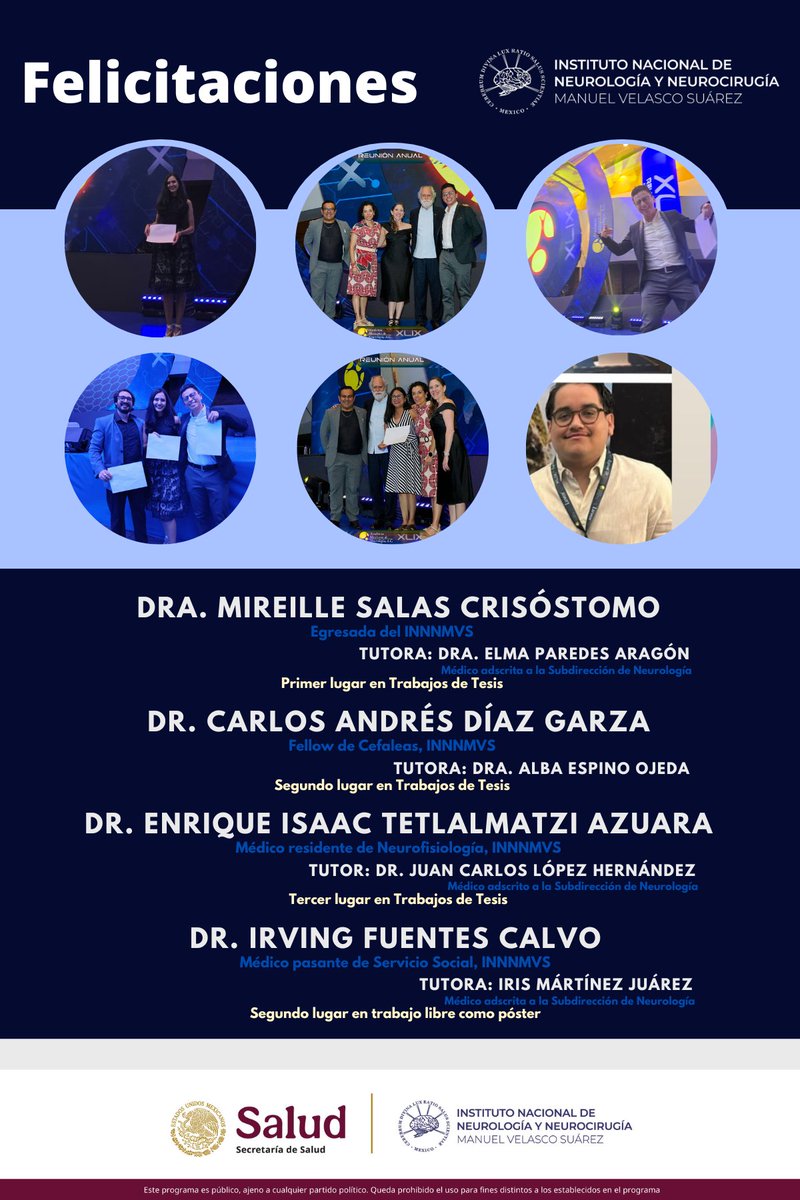 🎖El <a href="/INNNMVS/">Instituto Nacional de Neurología y Neurocirugía</a> extiende una felicitación a las y los médicos de esta casa, que resultaron galardonados dentro de la XLIX Reunión Anual de la Academia Mexicana de Neurología, A.C. (<a href="/amneurologia/">AMN Neurología</a>). 

👏Enhorabuena