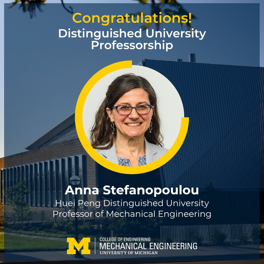 umichme's tweet image. U-M ME is proud to announce that Anna Stefanopoulou has been awarded a Distinguished University Professorship, one of the highest honors that the University of Michigan can award its faculty!

🔗 Check out her Q&amp;amp;A: bit.ly/4hRKCSV
#umich #umichengin #MechanicalEngineering