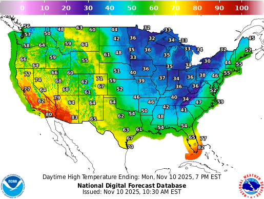 Datamensional's tweet image. From chilly Midwest mornings to warm Southwest afternoons — here’s how the U.S. felt on November 10, 2025. Where would you rather be right now? 🥶☀️ #weatherdata #dataviz
📊 Source: NOAA National Digital Forecast Database tinyurl.com/35zusj84