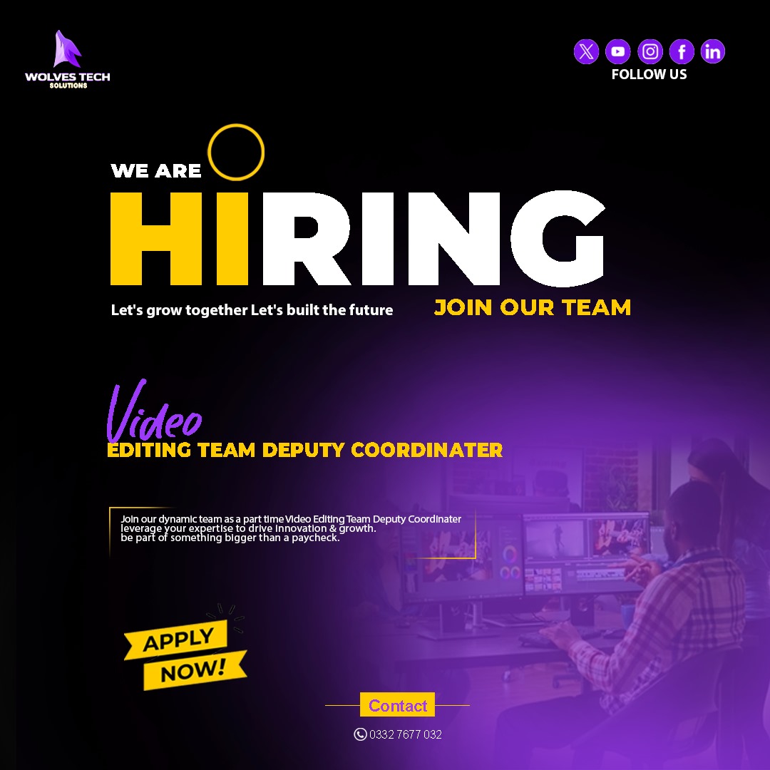 WolvesSolution's tweet image. WOLVES TECH SOLUTION is looking for a Part-Time Video Editing Team Deputy Coordinator to assist in managing our video projects and supporting our editing team. 
Let&apos;s grow together. Let&apos;s build the future.

Ready to support our video editing success?