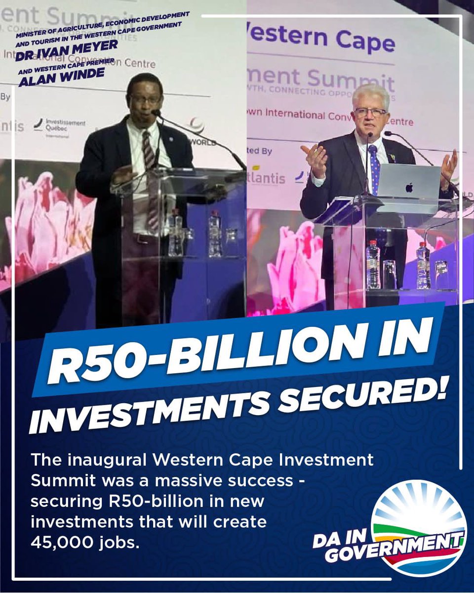 📈 45,000 jobs on the way as the DA-run Western Cape government secures R50-billion in new investments from its inaugural Investment Summit!

“The Western Cape accounted for 89% of all net job growth in SA over the past five years, and that is no accident.” - Premier Alan Winde