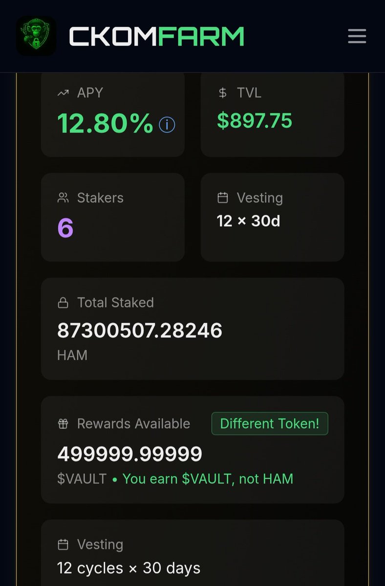 ckomfarm.com/stake/?pool=2
🚀 IT’S OFFICIAL! CUTEST HAMMER IS LIVE on CKOM Farm! You can now buy $HAM, stake it on CKOM Farm, and earn rewards in $VAULT! 💎Don’t waste any time  the run has just begun, and the community is moving fast! Cutest Hammer is ready to strike even harder!