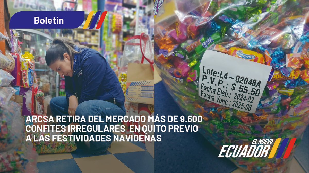 Arcsa_Ec's tweet photo. ¡Irregulares caramelitos en un local de #Quito! 🚨🍬

Más de 9600 confites sin notificación sanitaria fueron detectados en un establecimiento de #Turumbamba, al sur de la capital, en control preventivo antes de las fiestas de diciembre.

Boletín en ➡️ https://t.co/DgkSUr9Wpt 👈🏽 https://t.co/cjqiGd50wr