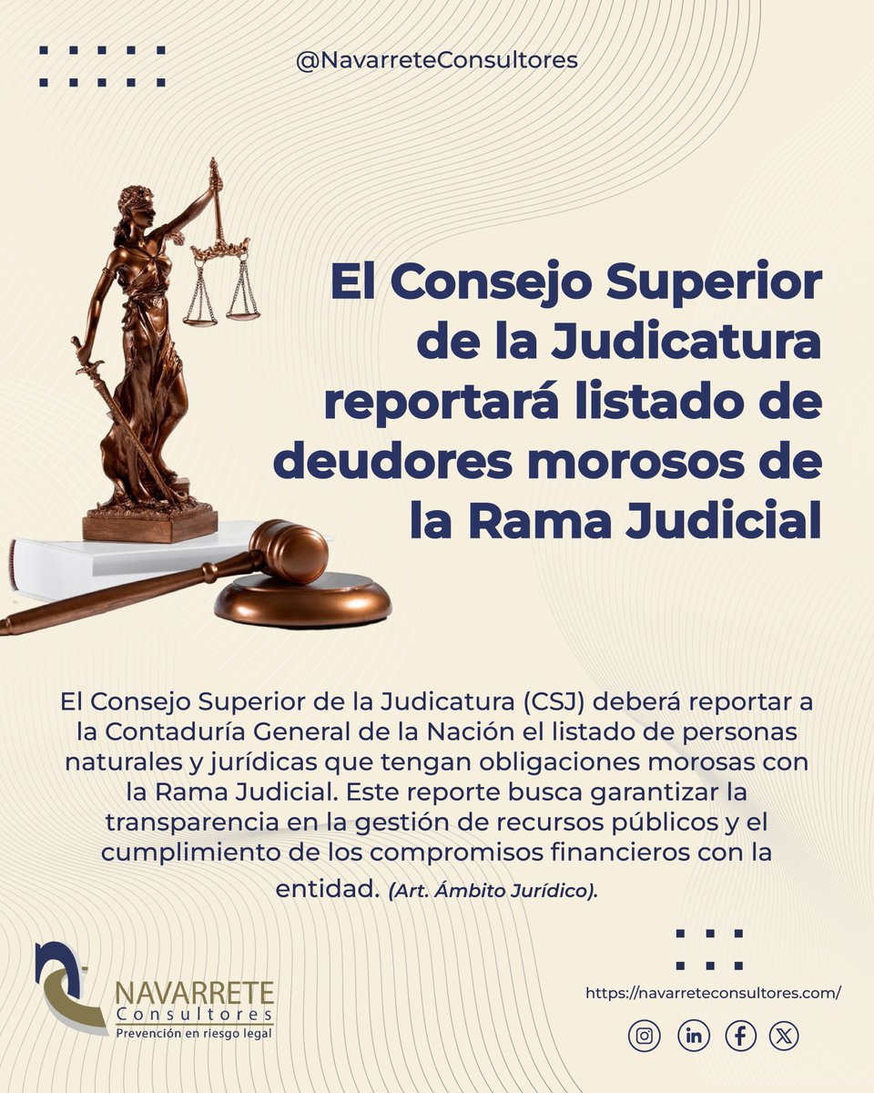 NavarreteConsu3's tweet image. 📢 La Rama Judicial reportará a sus deudores morosos.

El Consejo Superior de la Judicatura deberá informar a la Contaduría General quiénes tienen obligaciones vencidas con la Rama Judicial.
Si tienes una deuda, aún puedes ponerte al día o firmar un acuerdo de pago antes del 28…