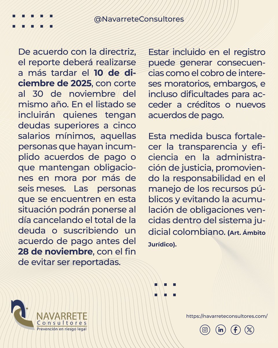 NavarreteConsu3's tweet image. 📢 La Rama Judicial reportará a sus deudores morosos.

El Consejo Superior de la Judicatura deberá informar a la Contaduría General quiénes tienen obligaciones vencidas con la Rama Judicial.
Si tienes una deuda, aún puedes ponerte al día o firmar un acuerdo de pago antes del 28…