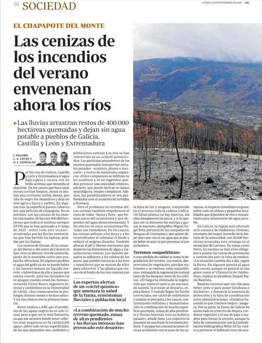 PacoCastanares's tweet image. PUES SI. PESE A LO QUE DIGA LA JUNTA DE EXTREMADURA, LAS AGUAS NEGRAS QUE CONTAMINAN LOS RIOS Y GARGANTAS DE LAS ZONAS INCENDIADAS SON ALTAMENTE TÓXICAS PARA LAS PERSONAS, LOS ANIMALES Y LAS PLANTAS.

• “Las partículas procedentes de los montes quemados transportan metales…