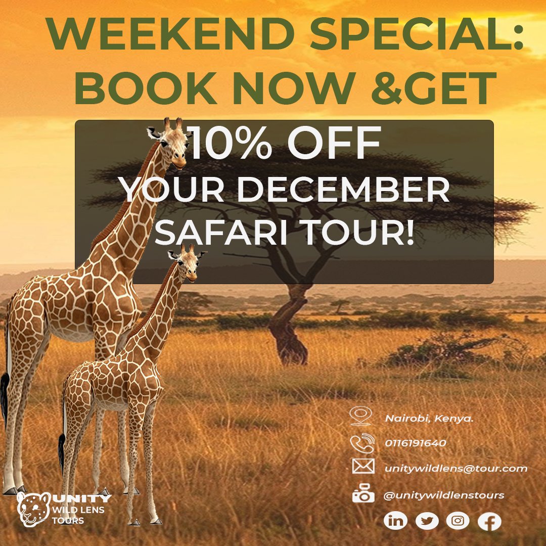 unitywildlens's tweet photo. “🚨 Weekend Special Alert! 🚨
Book your December safari today &amp; get 10% OFF!
Limited-time offer — adventure awaits 🏞️🦁

#UnityWildLens #SafariVibes #KenyaSafari #WeekendDeal #ExploreWildAfrica” https://t.co/oJ2CH0ggJg