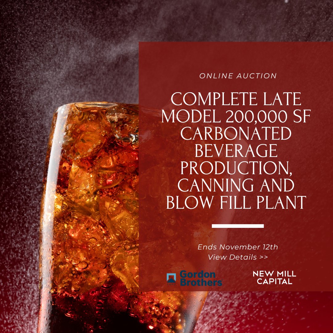 ENDS WEDNESDAY - Complete Late Model 200,000 SF Carbonated Beverage Production, Canning and Blow Fill Plant. View details >> ow.ly/e9Sm50XpuGb #onlineauction #auction #newmillcapital #beverage #carbonatedbeverage #canning #blowfill