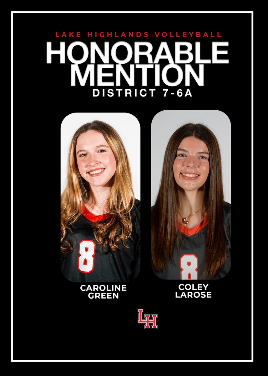 Proud of these Wildcats for earning Honorable Mention – District 7-6A!
Your dedication, effort, and love for the game never go unnoticed.
Keep shining, ladies! ❤️🖤 #WildcatPride #LakeHighlandsVolleyball #District76A #LHVB #StrongerTogether