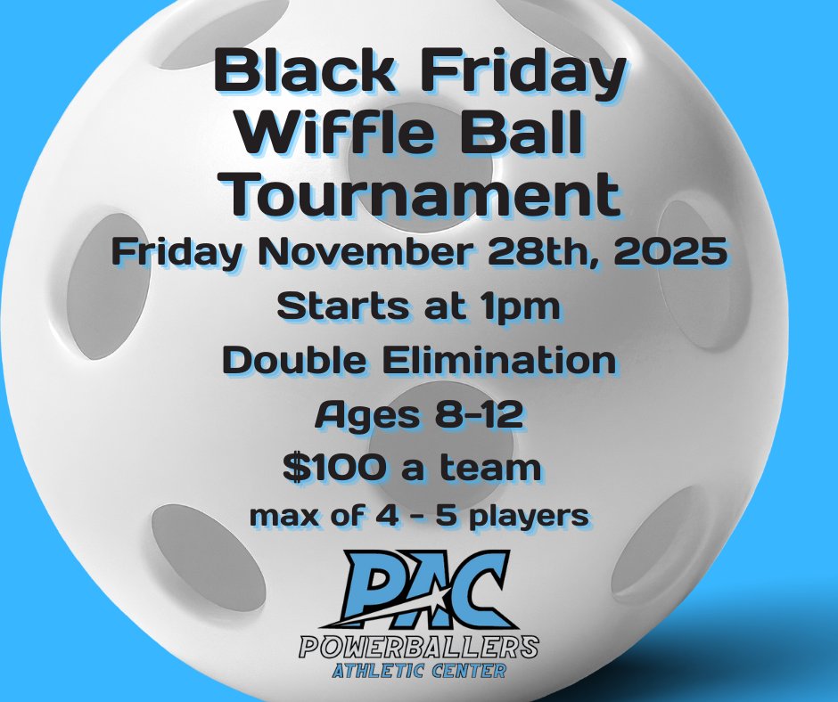 📷 Black Friday Wiffle Ball Showdown! 📷
Looking for some friendly competition after Thanksgiving? Grab your crew and head to the Powerballers Athletic Center for our Black Friday Wiffle Ball Tournament!
 Friday, November 28th, 2025
 Starts at 1 PM
 Double Elimination
 Ages 8–12
