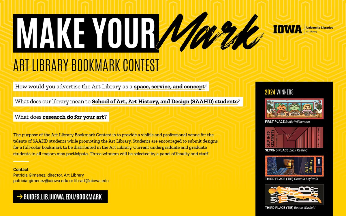 Calling all artists! Make your mark by submitting a design for a bookmark promoting the Art Library. Deadline: Friday, Dec. 5. guides.lib.uiowa.edu/bookmark