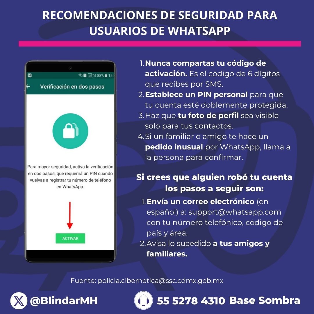 Atención vecino, si recibes mensajes que no solicitaste para restablecer el PIN de la verificación en dos pasos o el código de registro, no hagas clic en ningún enlace.
Es posible que alguien esté intentando acceder a tu número de teléfono en WhatsApp.
#BlindarMH🛡️