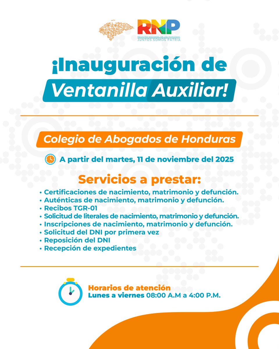 📍 ¡Nueva ventanilla auxiliar en el Colegio de Abogados de Honduras! 🎉

A partir del martes 11 de noviembre, el RNP te atenderá en la sede central del CAH.

🕗 Lunes a viernes, de 8:00 a.m. a 4:00 p.m.
