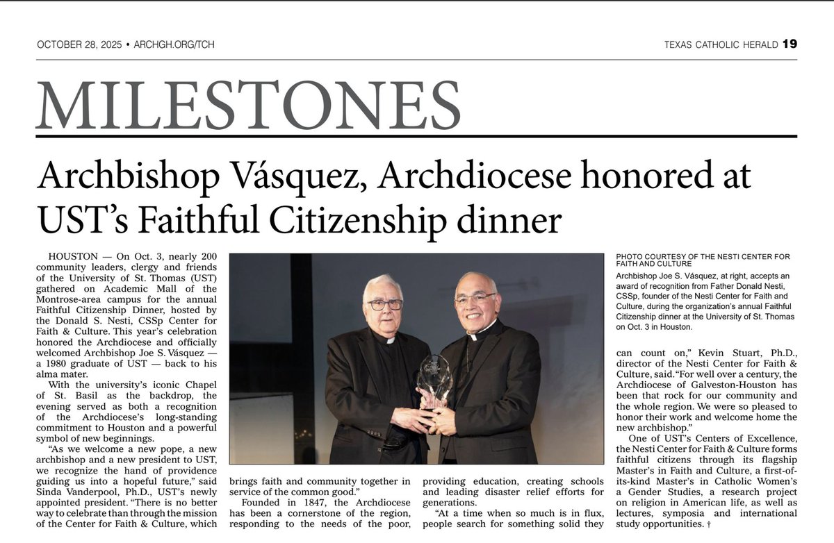 The Faithful Citizenship Dinner at <a href="/stthomashouston/">University of St. Thomas</a> is featured in the Oct 28 issue of the Texas Catholic Herald! Read how the evening welcomed Archbishop Vásquez back to his alma mater and celebrated the Archdiocese’s legacy.🗞️archgh.org/digital-edition #USTHouston #FaithAndCulture
