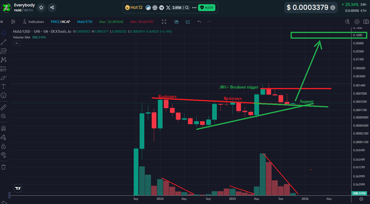 The $HOLD monthly battleship is turning...

2023-2024 Resistance is now support in 2025

Trades organically bc its 100% retail held w/o possible dilution/manipulation.  Patience has paid off 100% of the time and will continue as demand increases w/ supply fixed