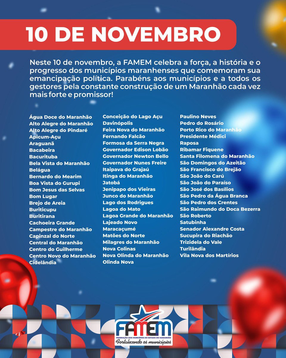 🎉 Homenagens individuais de cada município no link. 🔗 drive.google.com/drive/folders/…
🗓️ 10 de novembro: um marco para os municípios maranhenses
Nesta data, o Maranhão celebra a história e a emancipação de dezenas de cidades criadas em 1994.
#FAMEM #Maranhão #MunicipalismoForte
