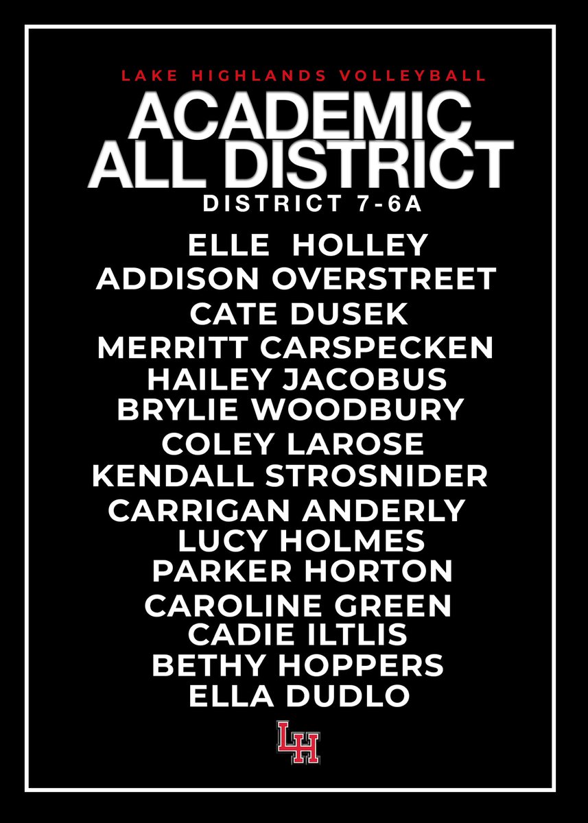 Student-Athletes getting it done on and off the court!
Congratulations to our Lake Highlands Volleyball players named to the Academic All-District Team for their excellence in the classroom and on the court. 🏐📖
#WildcatPride #StudentAthlete #LakeHighlandsVolleyball