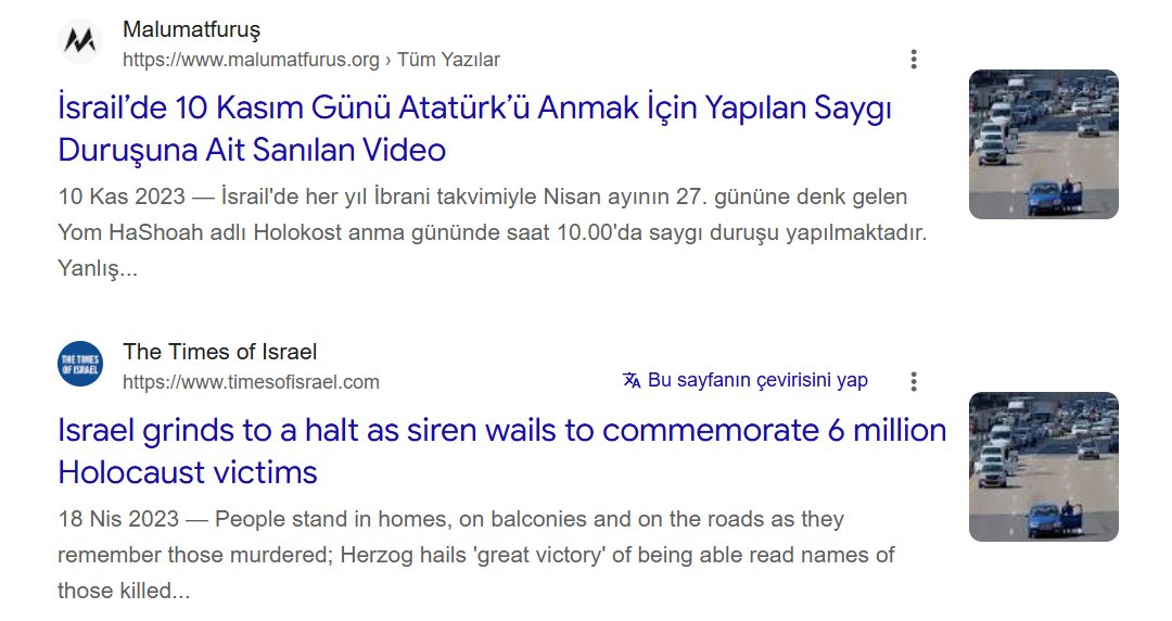 Tipik bir çarpıtma örneği olan bu fotoğraf İsrail'den evet, ancak 18 Nisan 2023 tarihinde Holokost Anma Günü kapsamında paylaşılmış. Yalancıların dezenformasyonunu Malumatfuruş teşhir etmiş 2 yıl önce 10 Kasım'da.