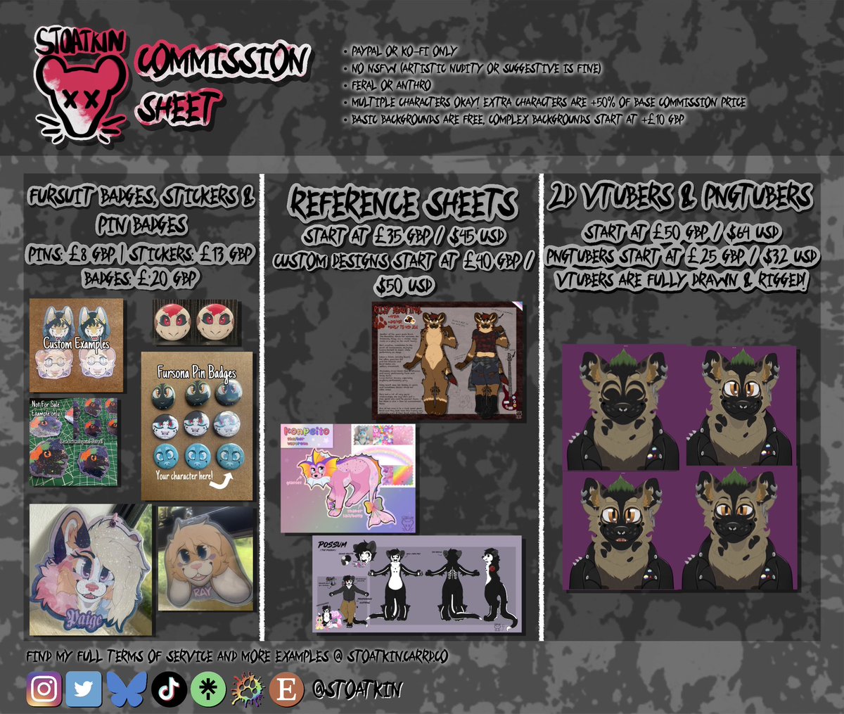 stoatkin's tweet image. Hello! I’m Stoat 🐀 

I’m an artist and fursuiter, makin’ a bunch of different arts and crafts based on the furry fandom and therian community. 

I also talk a lot about reptiles, invertebrates, animal care &amp;amp; taxidermy!

All my socials can be found here: linktr.ee/stoatkin