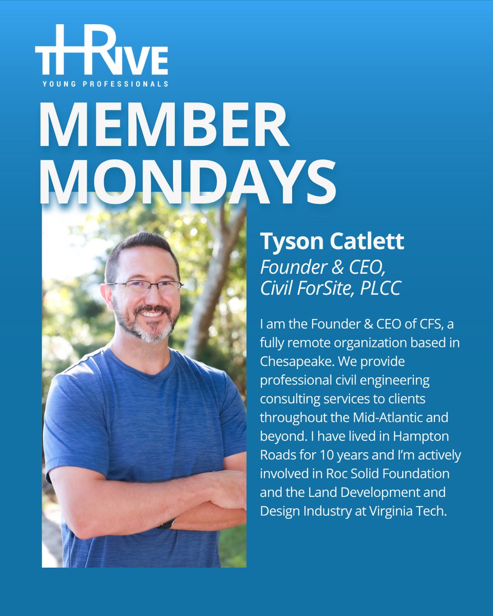 New week, new tHRive Member! Please welcome Tyson Catlett, Founder &amp; CEO of Civil ForSite, PLLC. 

In his spare time, Tyson enjoys going to the YMCA, golf, fishing, and video games!
