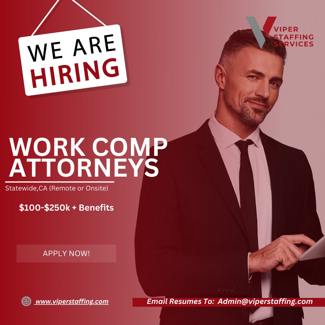 ViperStaffing's tweet photo. NOW HIRING: Work Comp Attorneys
Pay is $100-$250k + Benefits
Join top law firms across California and take your legal career to the next level!
#WorkCompAttorneys #AttorneyJobs #CaliforniaHiring #ViperStaffing #LegalCareers #NowHiring https://t.co/rcEHcrsjjo