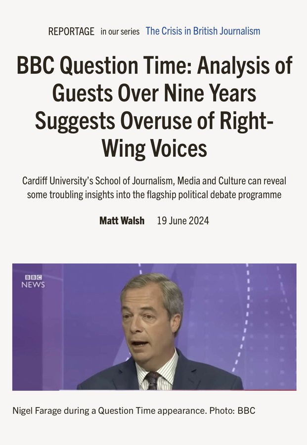 The BBC is biased. There's a dossier to prove it.

Only it's not what Trump, Farage, Johnson or the Telegraph think.

NB this was from before their disproportionate platforming of Reform. 

theconversation.com/bbc-question-t…