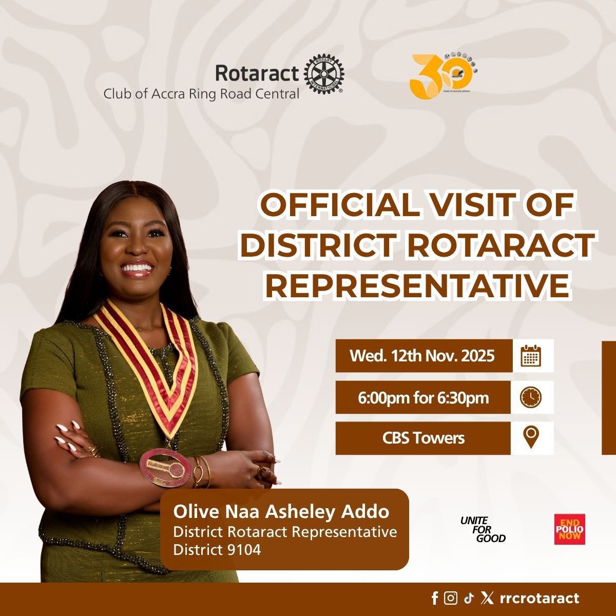 RRCRotaract's tweet image. THE OFFICIAL VISIT OF THE DISTRICT ROTARACT REPRESENTATIVE 🎉
OLIVE NAA ASHELEY ADDO ❣️❣️
With 4 of our members serving on her Board, Rotaract RRC is ready to host our Madam
Our Lady,The Dancing DRR 
🗓️ Wed,12th November 2025
⏰ 6:00 Pm for 6:30 Pm
📍 CBS Towers,Ring Road Central