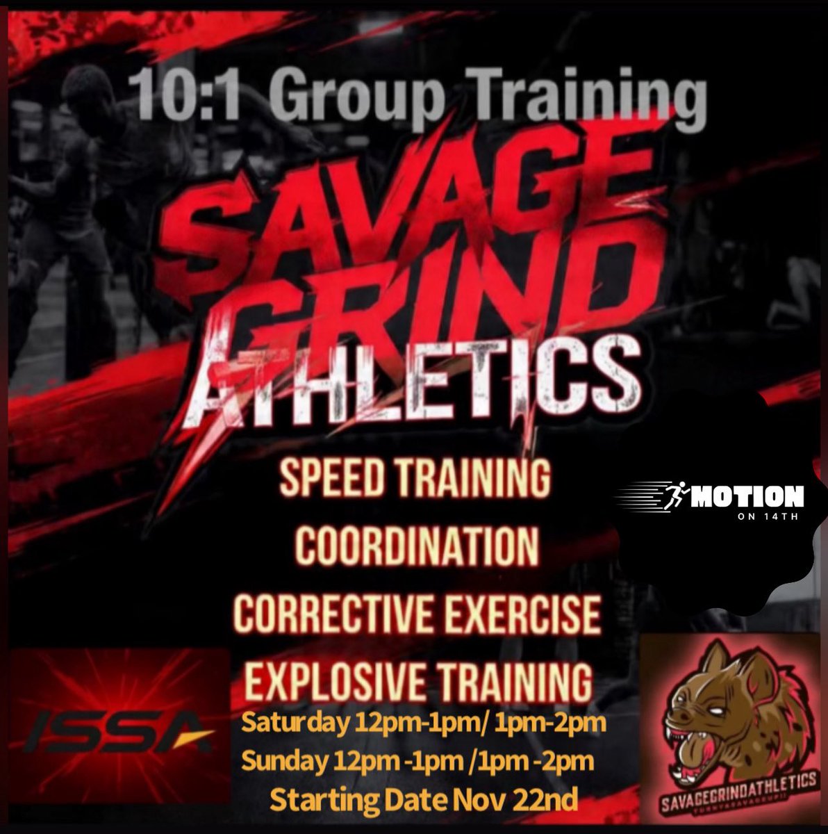 Join Savage Grind Athletics for elite 10:1 group training focused on
⚡ Speed
⚡ Coordination
⚡ Corrective Exercise
⚡ Explosive Power
Sessions every Saturday &amp; Sunday at Motion on 14th.
🔥 Starting Nov 22nd — limited spots available!
#SavageGrindAthletics