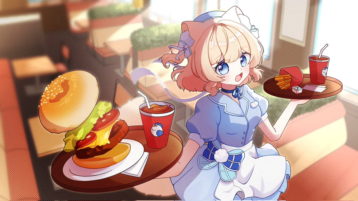 #TokimoriArt Happy birthday <a href="/AoiTokimori/">Aoi Tokimori 🦊⌛ @ Cosmia 💖💙💚</a>! Here's part 2 of your birthday present! It's a suuuper cute depiction of you in your diner! Hopefully you recognize some of the inspirations! And the artist added Mezzo onto the branding! Soooo cute!
Credits: <a href="/mogyiu/">mogi 🍥</a>, such amazing work!