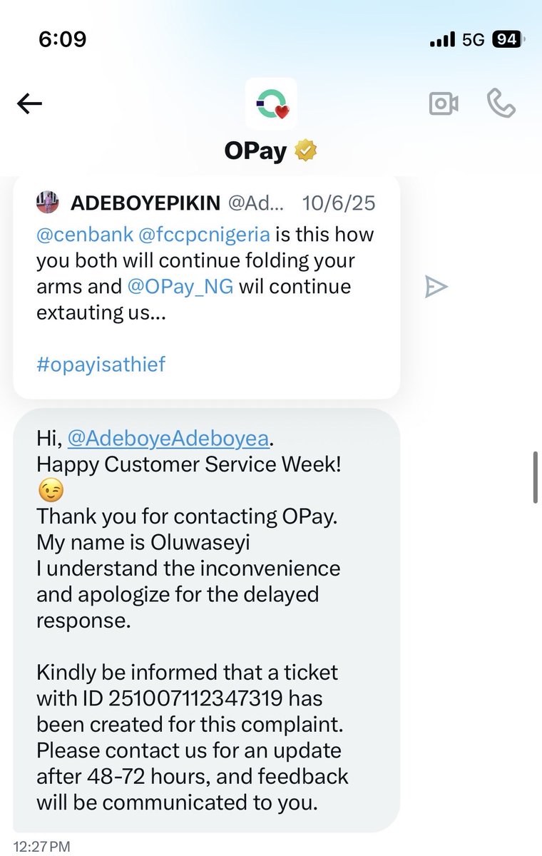AdeboyeAdeboyea's tweet photo. @OPay_NG @cut2bite @AirtelNigeria @cenbank @fccpcnigeria @opay @officialEFCC First batch of ticket ID, no resolution @OPay_NG refund my money or do what is requested of you @cenbank @fccpcnigeria @officialEFCC , see this ooo https://t.co/lHDQ4kagcI