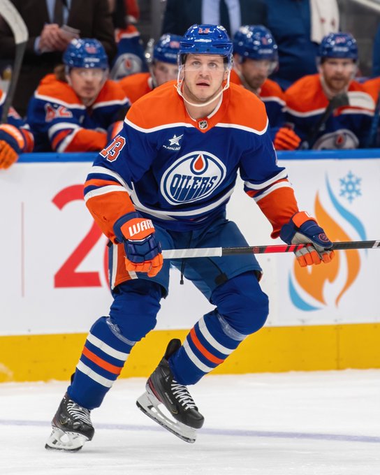 Mattias Janmark skating on the ice in a game at Rogers Place. 