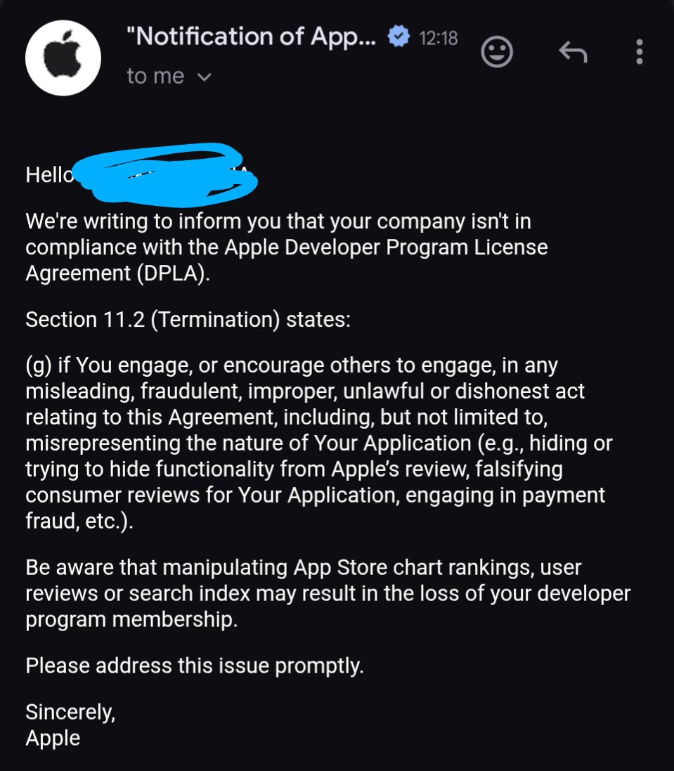 ChwengRichard's tweet image. How cooked am I? I did go little viral for a few days on Android, which brought in tons of ppl for iOS as well. I also added a review request in onboarding flow.

Is this an automatic message that I should not worry about or is my ranking cooked for 60 days?

#iosdevelopers #iOS
