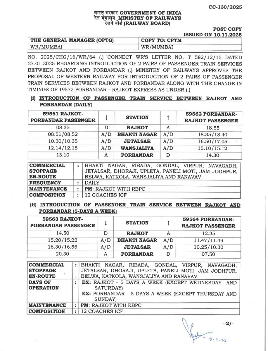 Congratulations Porbandar 💐💐
<a href="/RailMinIndia/">Ministry of Railways</a> Introduce New 2 Passanger train Service between Porbandar &amp; Rajkot.
<a href="/DRM_BVP/">DRM Bhavnagar</a> <a href="/wrdrmrjt/">DRM Rajkot Divisionᅠᅠᅠᅠᅠᅠᅠᅠᅠᅠᅠᅠᅠᅠᅠᅠᅠᅠᅠᅠᅠᅠᅠᅠ</a>
