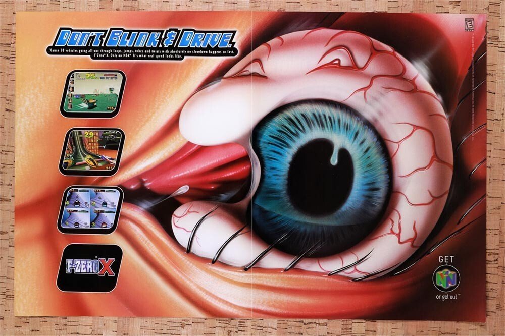 thehopczar's tweet image. F-Zero X on N64! 🚀💨 Futuristic frenzy: 30 racers at 1000km/h+, 4 brutal cups, survival deathmatch, track editor, 4-player chaos. Box art, gameplay shots, &amp;amp; promo ad. Survived the pack? #FZeroX #N64 #RetroGaming