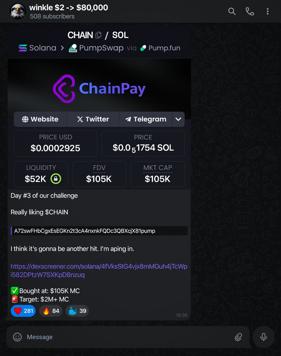 w1nklerr's tweet image. Day #3 of the $2 - $80,000 Challenge

Today we got $CHAIN
Sold at 2M MC – 20x

Current balance: $28,109
Already 508/800 people in the group

If you want to join us:

Like &amp;amp; RT
Comment &quot;WW&quot;
Must be following

Only my followers will be accepted.