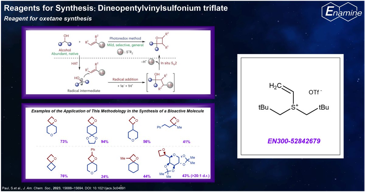 Looking to build oxetane-containing scaffolds? 🔎 Dineopentylvinylsulfonium Triflate enables efficient formation of oxetanes from alcohol-derived substrates under mild photochemical conditions. Developed by S. Paul and colleagues (lnkd.in/d4AuNm7d), this reagent works