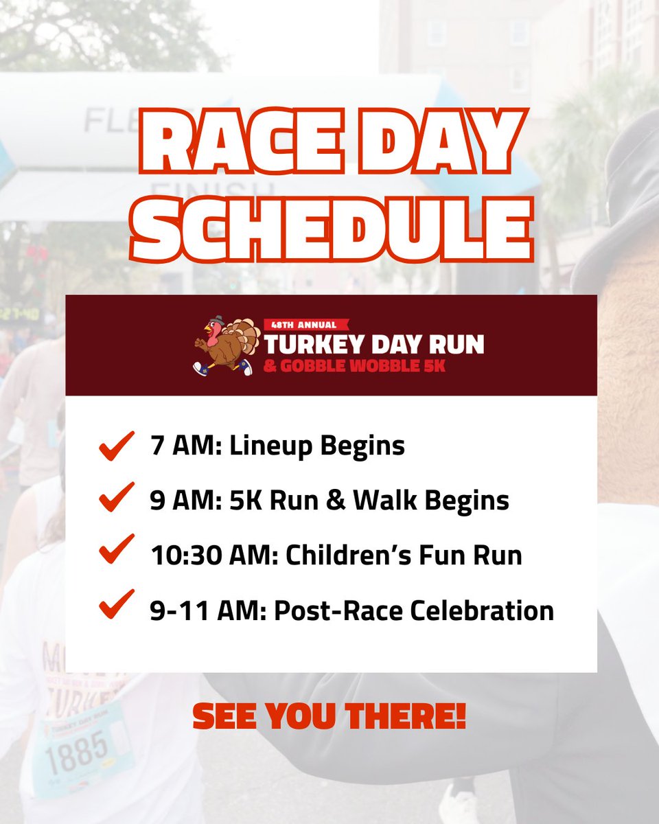 Don’t be the turkey who shows up late! 🦃⏰
Review the race day schedule so you’re ready to run, celebrate, and feast right on time.

#TurkeyDayRun #CHSTurkeyDayRun #RaceDay