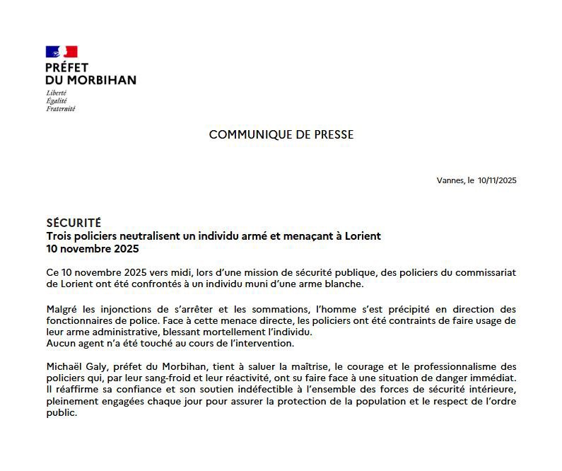 Bravo à nos collègues du commissariat de Lorient pour leur sang-froid et leur maîtrise face à un individu armé et menaçant.
Grâce à leur réactivité, des vies ont été sauvées.
Chaque jour, nos policiers affrontent le danger pour protéger la population, souvent au péril de leur
