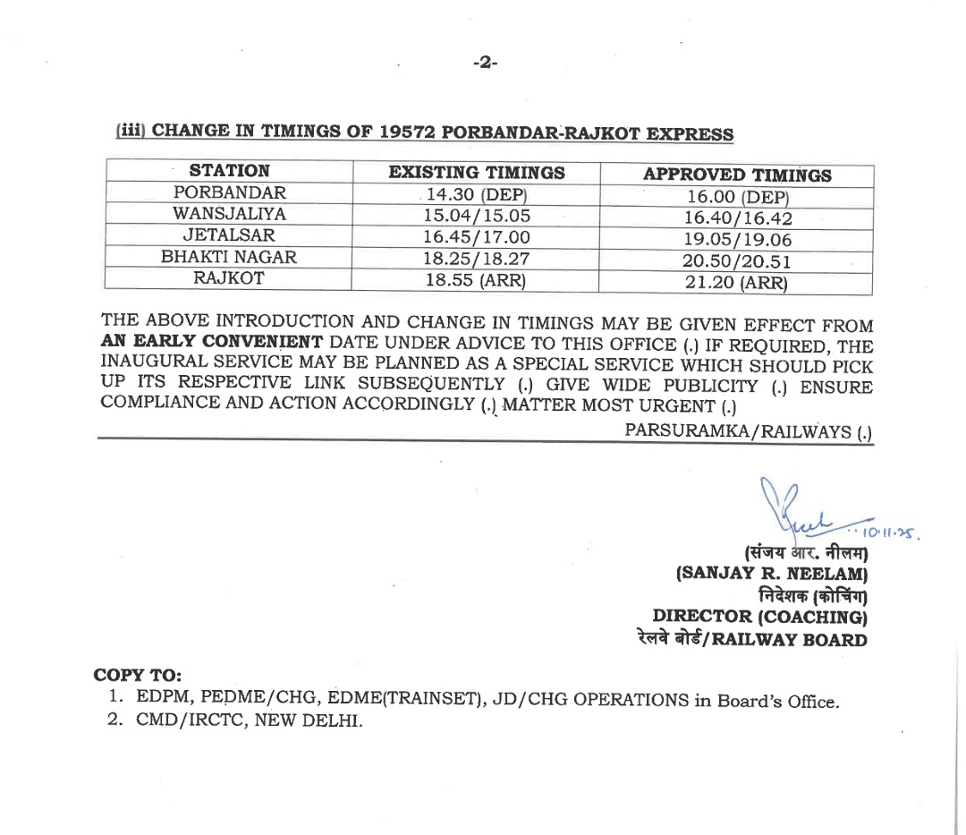 Change of timing of 19572 Porbandar Rajkot Express 

effective date notified latter. 
<a href="/RailMinIndia/">Ministry of Railways</a>