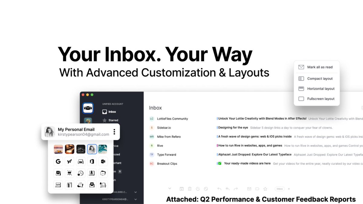 mailbird's tweet image. Your email app shouldn&apos;t be a one-size-fits-all box. 📦

Mailbird for Mac lets you build YOUR inbox, YOUR way.

🎨 Custom layouts 
👤 Custom account icons
⚙️ A workflow that fits your brain

Take back control of your Monday.
#MacApps #Productivity #Customization #Mailbird