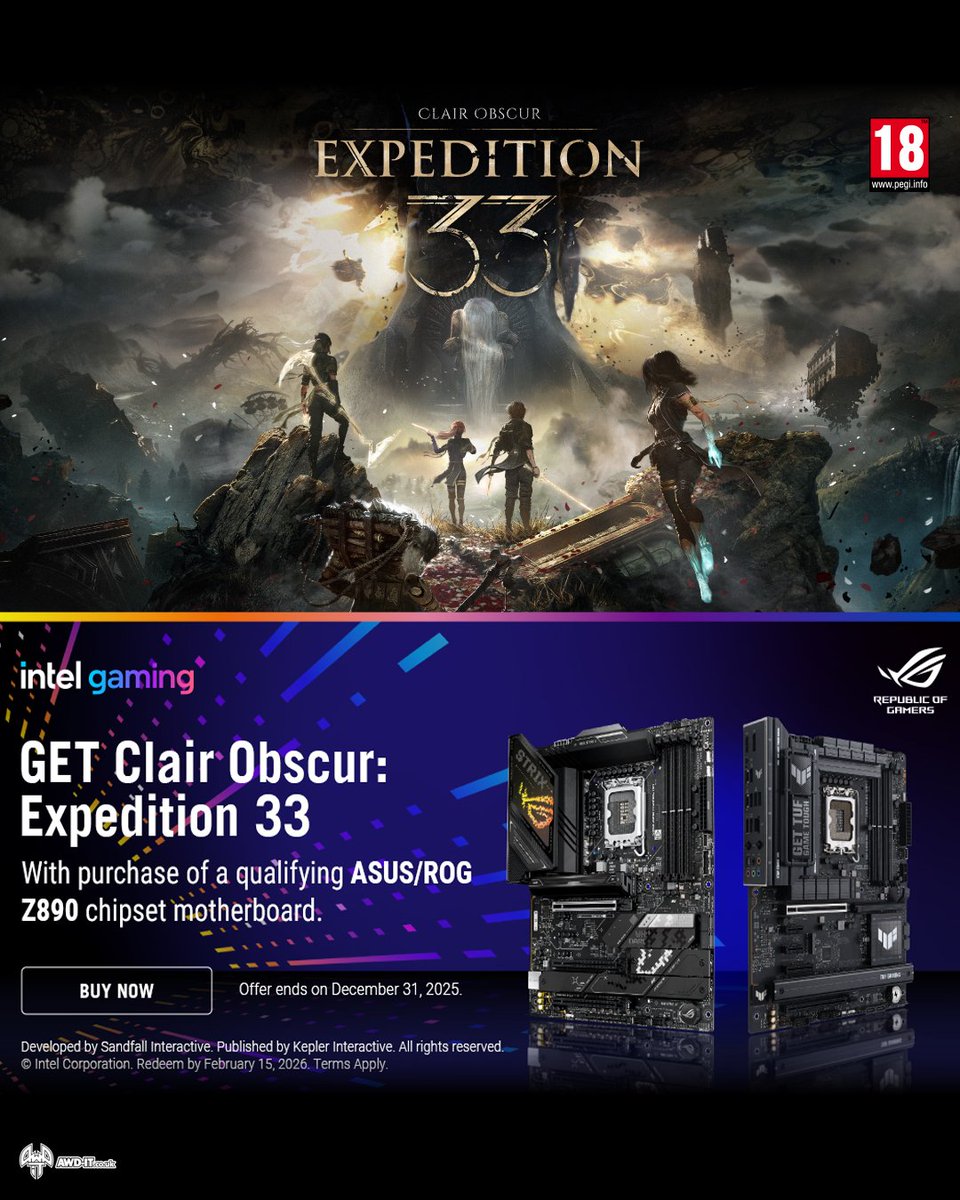🥖For those who come after…

Your old motherboard’s expedition is over.

Step up with a qualifying ASUS or ROG Z890 between 22nd September and 31st December 2025 and get Expedition 33 free.

Claim your code by 15th February 2026 — because even heroes need their upgrades. 👉