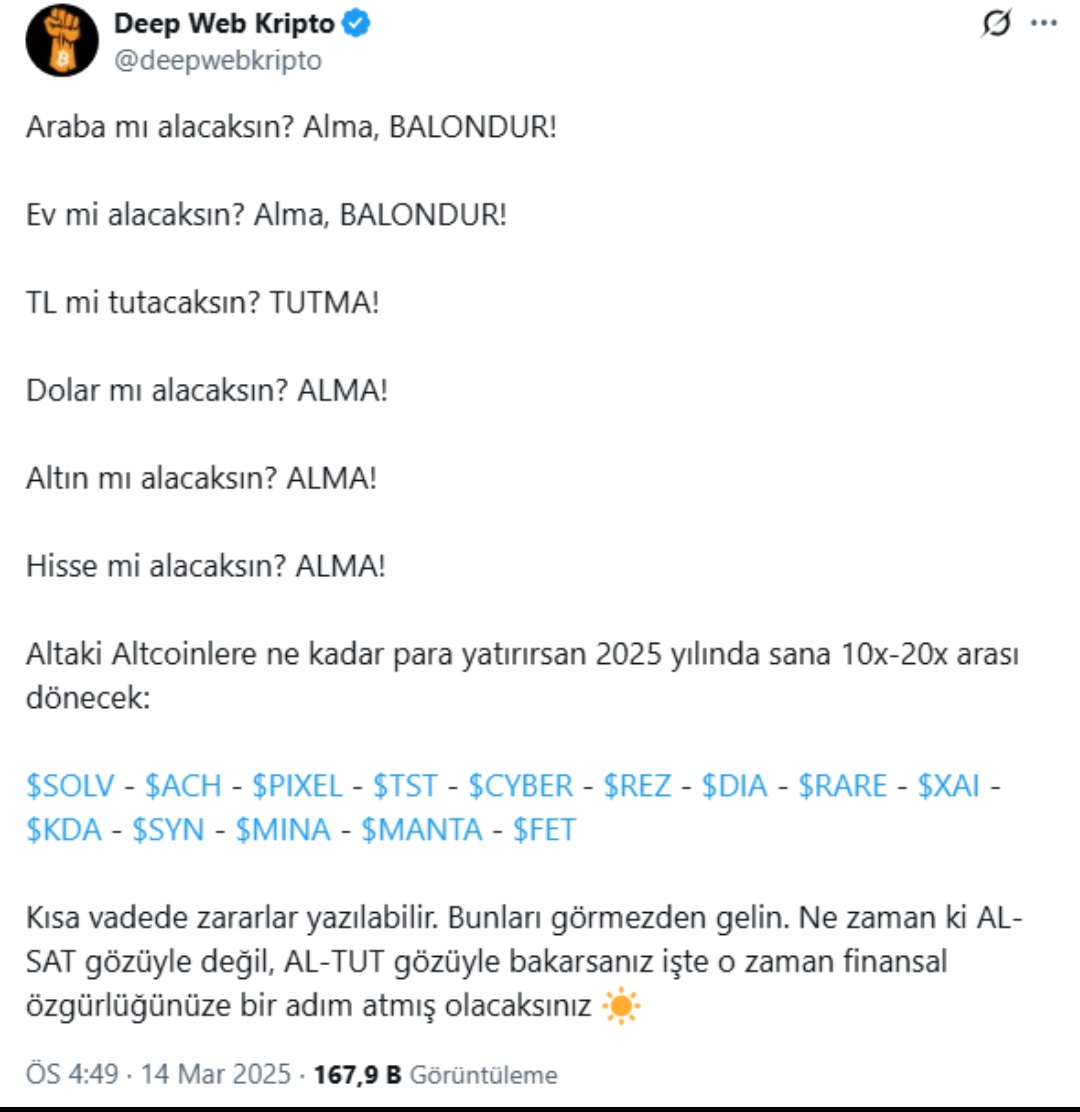 Bayadir bu görseli arıyordum
Genzo paylaşmış ondan aldım
çoğu fenomenin borsalara çalıştığını düşünüyorum
Aldığım duyumlara göre kripto fenomenlerinede operasyon gelecek
Görün o zman nasıl bir lağım çukurunun içinde olduğumuzu
Beğen paylaş herkese ulaşsın