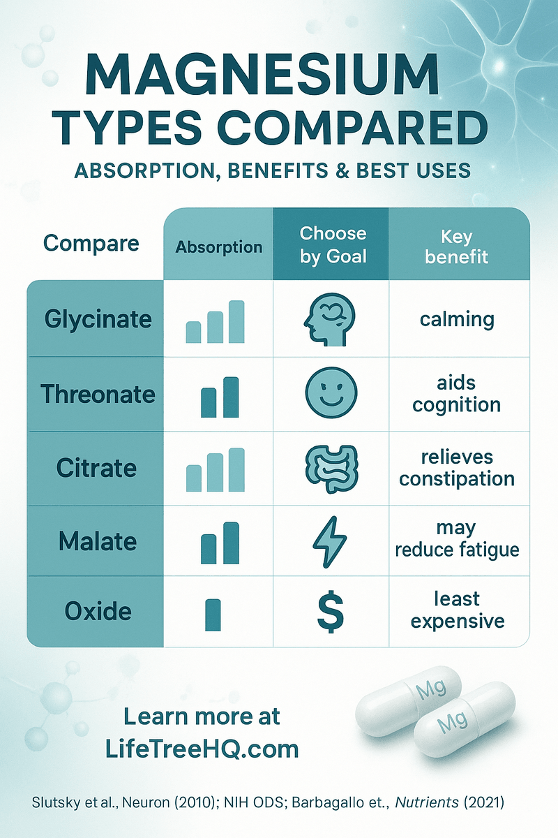 WebPromotionNow's tweet image. 🧠 Not all magnesium is the same.

Different forms = different benefits.
💤 Glycinate → Calm &amp;amp; Sleep
🧠 Threonate → Brain &amp;amp; Focus
💩 Citrate → Digestion
⚡ Malate → Energy
See how absorption varies in our new infographic 👇
🔗 lifetreehq.com/bioavailabilit…
#Magnesium #Health…