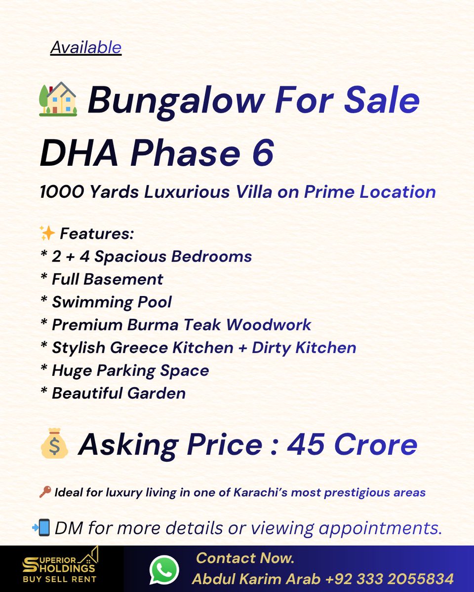 karimji001's tweet photo. .
Contact Now
📞 +92 333 2055834
Superior Holdings
💼 Your Trusted Real Estate Partner.
#DHAProperty #Phase8 #KarachiRealEstate #PlotForSale #DHAPhase8 #InvestmentOpportunity #PropertyByHammad #PropertyByHammad #DHAPhase6 #KarachiRealEstate #LuxuryBungalow #BrandNewBungalow https://t.co/mzMJBcCDZP