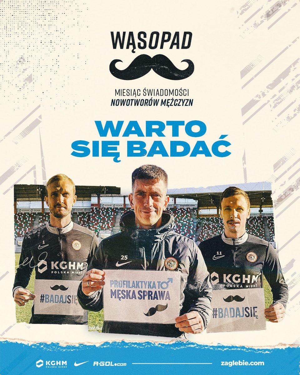 ZaglebieLubin's tweet image. Nadszedł czas na Panów! 🫵🏻

Miedziowi dołączają do akcji &quot;Wąsopad&quot;, która ma na celu zachęcić mężczyzn do regularnych profilaktycznych badań 👨🏻

W listopadzie walczymy nie tylko na boisku, ale też o zdrowie 🩺

@NFZ_GOV_PL | @NFZ_Wroclaw 

Więcej 👉🏻 zaglebie.com/Aktualnosci/Pi…