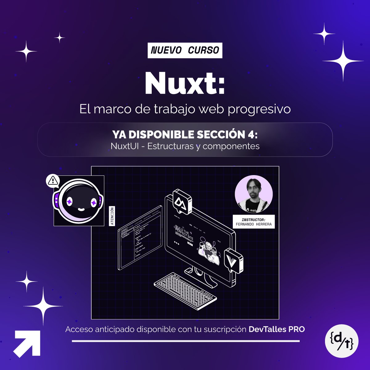 DevTalles's tweet image. 💻 ¡Actualizado el curso en construcción: #Nuxt: El marco de trabajo web progresivo!

✅ Sección 4: #NuxtUI - Estructuras y componentes

🚀 Obtén acceso anticipado al curso con tu Suscripción DevTalles PRO activa, desde tu portal de estudiante o esta url: cursos.devtalles.com/courses/nuxt#p…